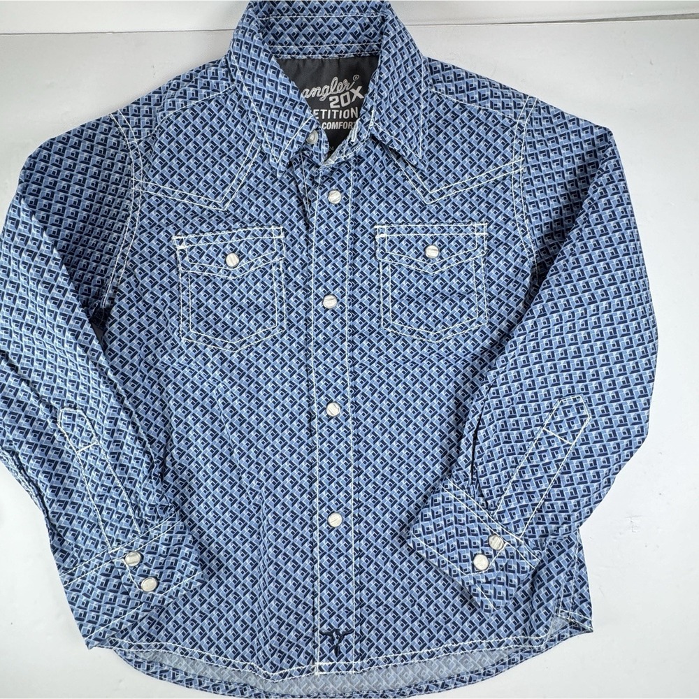 Wrangler 20X Competition Western‎ Snap Shirt XS Youth Blue Geo Pearl Snap Cowboy